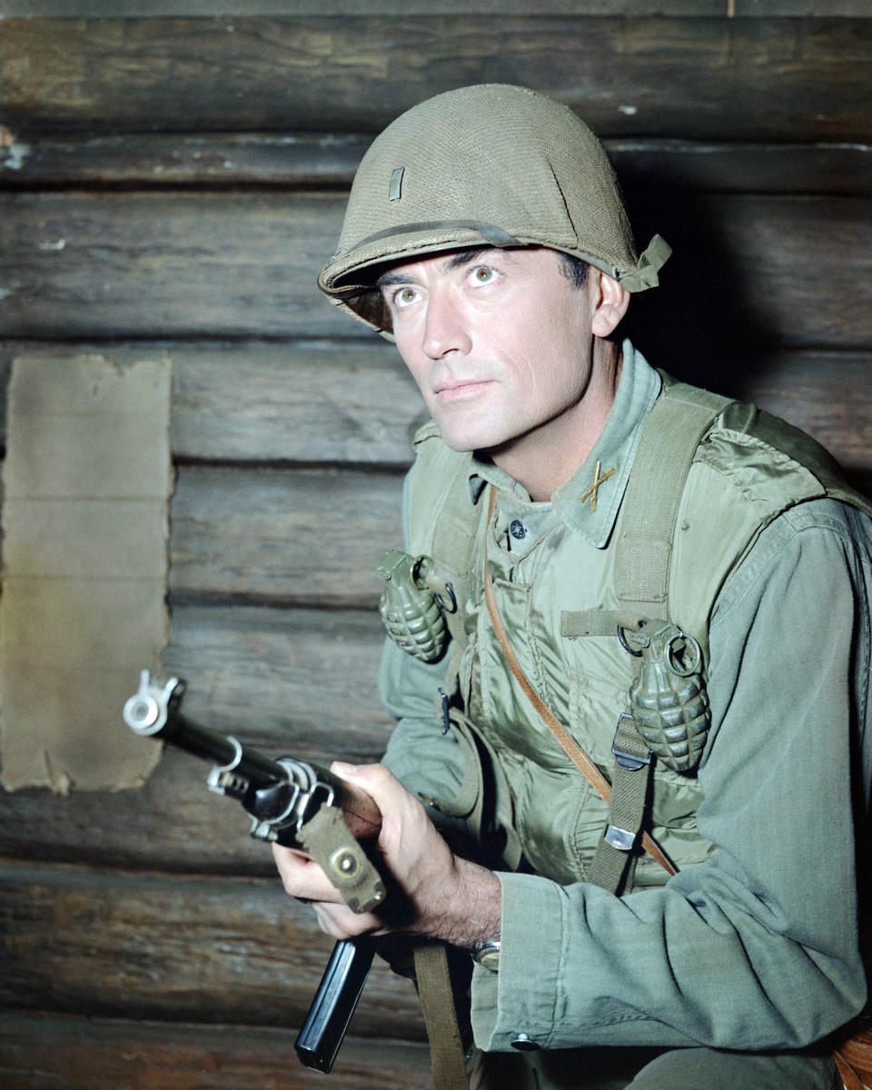 American actor Gregory Peck (1916 - 2003) as Lieutenant Joe Clemons in 'Pork Chop Hill', directed by Lewis Milestone, 1959. (Photo by Silver Screen Collection/Getty Images)