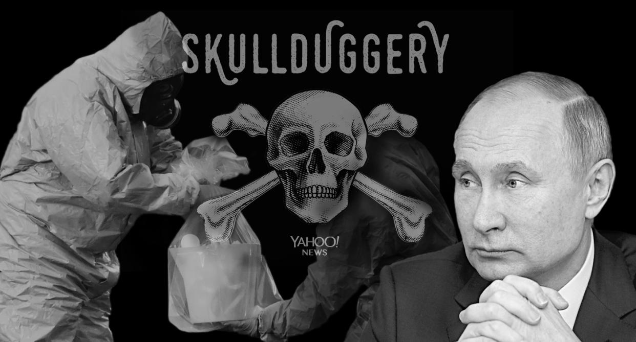 Emergency services at the scene of the poisoning of Sergei Skripal; Vladimir Putin. (Photo illustration: Yahoo News; photos: Rufus Cox/Getty Images; Alexei Druzhinin, Sputnik, Kremlin Pool Photo via AP)