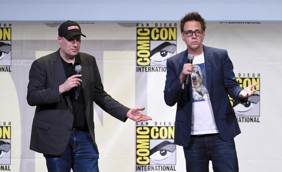 SAN DIEGO, CA - JULY 23:  Marvel Studios President Kevin Feige (L) and director James Gunn attend the Marvel Studios presentation during Comic-Con International 2016 at San Diego Convention Center on July 23, 2016 in San Diego, California.  (Photo by Kevin Winter/Getty Images)
