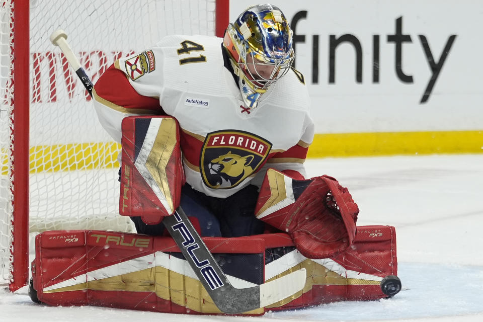 Florida Panthers goaltender Anthony Stolarz (41) deflects a shot on goal during the second period of an NHL hockey game against the Nashville Predators, Monday, Jan. 22, 2024, in Nashville, Tenn. (AP Photo/George Walker IV)