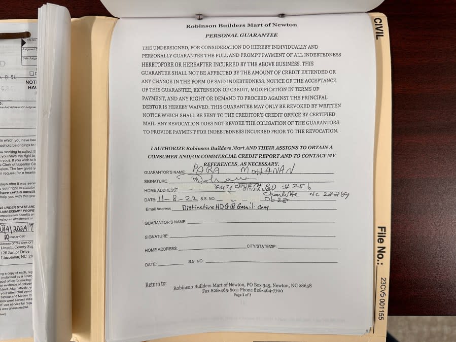 This personal guarantee was filed in a Lincoln County lien case against Parathazathel Mohanan and four homeowners who purchased land-home with Mario Cotto and The Lion Real Estate Group in two subdivisions, including a home build in Gaston County. (Source: Lincoln County Clerk of Court)