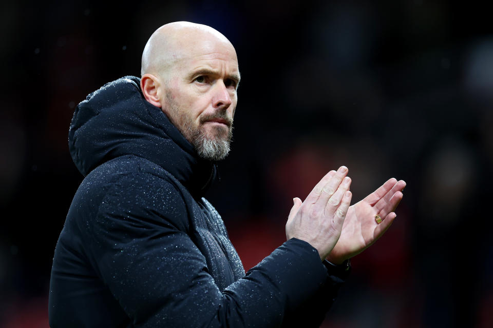 Manchester United manager Erik ten Hag acknowledges the fans following their Premier League match against Bournemouth at Old Trafford.
