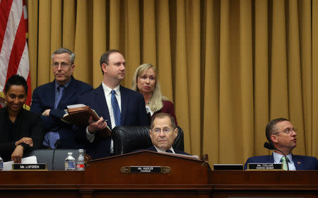 House Judiciary Committee Committee Chairman Jerry Nadler (D-NY), left, and Ranking Member Rep. Doug Collins wait for the final votes with their aides as the House Judiciary Committee considers whether to hold U.S. Attorney General William Barr in contempt of Congress for not responding to a subpoena on Capitol Hill in Washington, U.S., May 8, 2019. REUTERS/Leah Millis