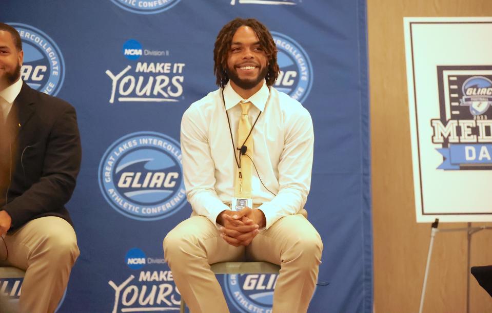 Ferris State University receiver Xavier Wade speaks during the GLIAC Media Day on Monday, July 31, 2023, in Grand Rapids.