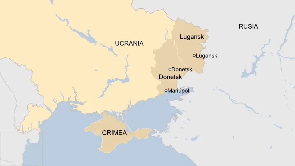 Mapa de Ucrania y la frontera con Rusia que muestra, al este del pa&#xed;s, las regiones de Donetsk y Lugansk, y al sur, Crimea.