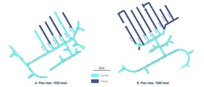 Figure 1: Plan view of 1025 level (A) and 1000 level (B) showing actual development (light blue) and planned development (dark blue) as at September 11, 2023. (CNW Group/OceanaGold Corporation)