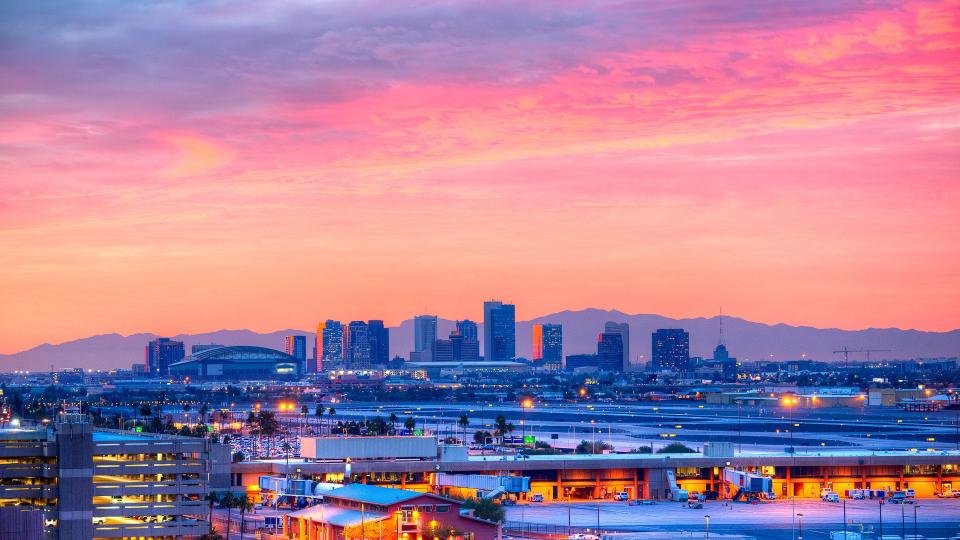 Downtown Phoenix highrise buildings at dawn.