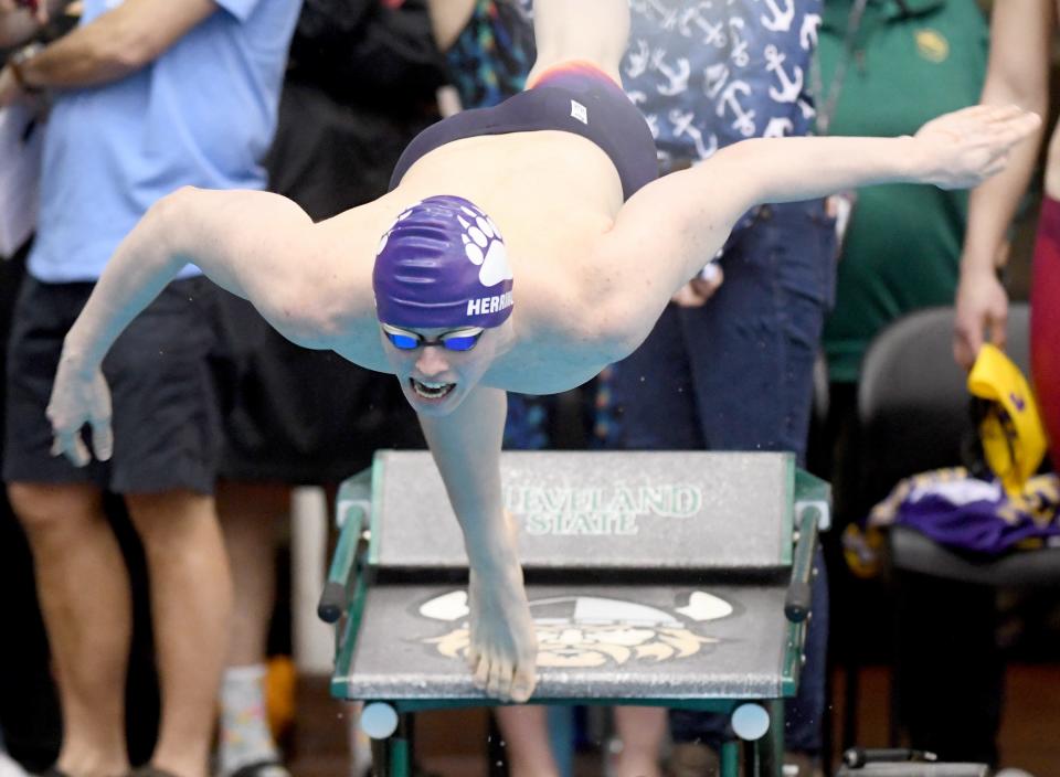 Jackson’s Ezra Herring competes in the boys 100-yard butterfly in the Division I district meet at Cleveland State, Saturday, Feb. 17, 2024.