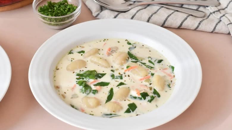Chicken gnocchi soup with chopped spinach