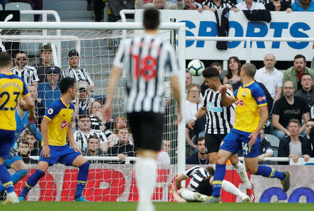 Soccer Football - Premier League - Newcastle United v Southampton - St James' Park, Newcastle, Britain - April 20, 2019 Newcastle United's Ayoze Perez scores their third goal to complete his hat-trick Action Images via Reuters/Lee Smith