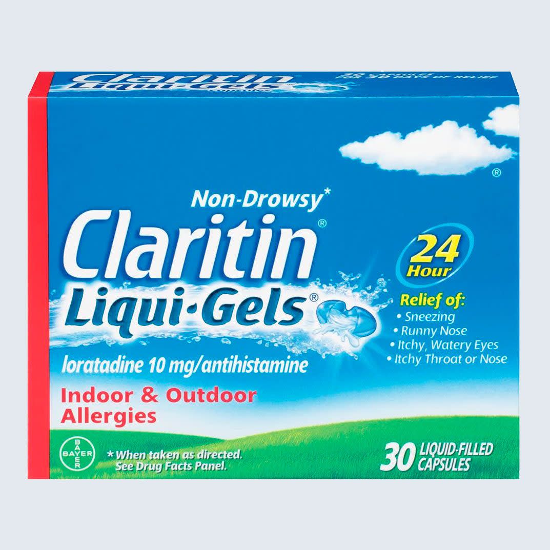 <a href="https://go.skimresources.com?id=131817X1594237&xs=1&url=https%3A%2F%2Fwww.amazon.com%2FClaritin-Non-Drowsy-Allergy-Liqui-Gels-Count%2Fdp%2FB00CP8T75E%2Fref%3Dsr_1_1_sspa%3Fdchild%3D1%26keywords%3Dclaritin%26qid%3D1597778581%26sr%3D8-1-spons%26psc%3D1%26spLa%3DZW5jcnlwdGVkUXVhbGlmaWVyPUExRlc1QlUxUVFKN0lPJmVuY3J5cHRlZElkPUEwNzMzNjA3MkhWM0dQNFpaN0xYSyZlbmNyeXB0ZWRBZElkPUEwODA2ODA3M1VLUzFETkUwR0xLSiZ3aWRnZXROYW1lPXNwX2F0ZiZhY3Rpb249Y2xpY2tSZWRpcmVjdCZkb05vdExvZ0NsaWNrPXRydWU%3D" rel="noopener" target="_blank" data-ylk="slk:Claritin;elm:context_link;itc:0;sec:content-canvas" class="link rapid-noclick-resp">Claritin</a><span class="site_url"><a href="https://go.skimresources.com?id=131817X1594237&xs=1&url=https%3A%2F%2Fwww.amazon.com%2FClaritin-Non-Drowsy-Allergy-Liqui-Gels-Count%2Fdp%2FB00CP8T75E%2Fref%3Dsr_1_1_sspa%3Fdchild%3D1%26keywords%3Dclaritin%26qid%3D1597778581%26sr%3D8-1-spons%26psc%3D1%26spLa%3DZW5jcnlwdGVkUXVhbGlmaWVyPUExRlc1QlUxUVFKN0lPJmVuY3J5cHRlZElkPUEwNzMzNjA3MkhWM0dQNFpaN0xYSyZlbmNyeXB0ZWRBZElkPUEwODA2ODA3M1VLUzFETkUwR0xLSiZ3aWRnZXROYW1lPXNwX2F0ZiZhY3Rpb249Y2xpY2tSZWRpcmVjdCZkb05vdExvZ0NsaWNrPXRydWU%3D" rel="noopener" target="_blank" data-ylk="slk:amazon.com;elm:context_link;itc:0;sec:content-canvas" class="link rapid-noclick-resp">amazon.com</a></span><span class="product_price">$19.99</span>