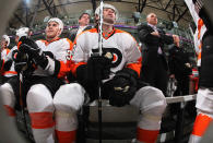 UNIONDALE, NY - MARCH 15: Jaromir Jagr #68 of the Philadelphia Flyers watches the action against the New York Islanders from the bench at the Nassau Veterans Memorial Coliseum on March 15, 2012 in Uniondale, New York. The Flyers defeated the Islanders 3-2. (Photo by Bruce Bennett/Getty Images)