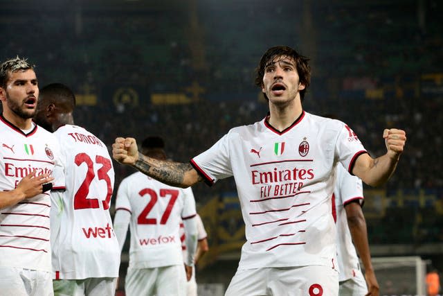 AC Milan’s Sandro Tonali celebrates his winner at Verona