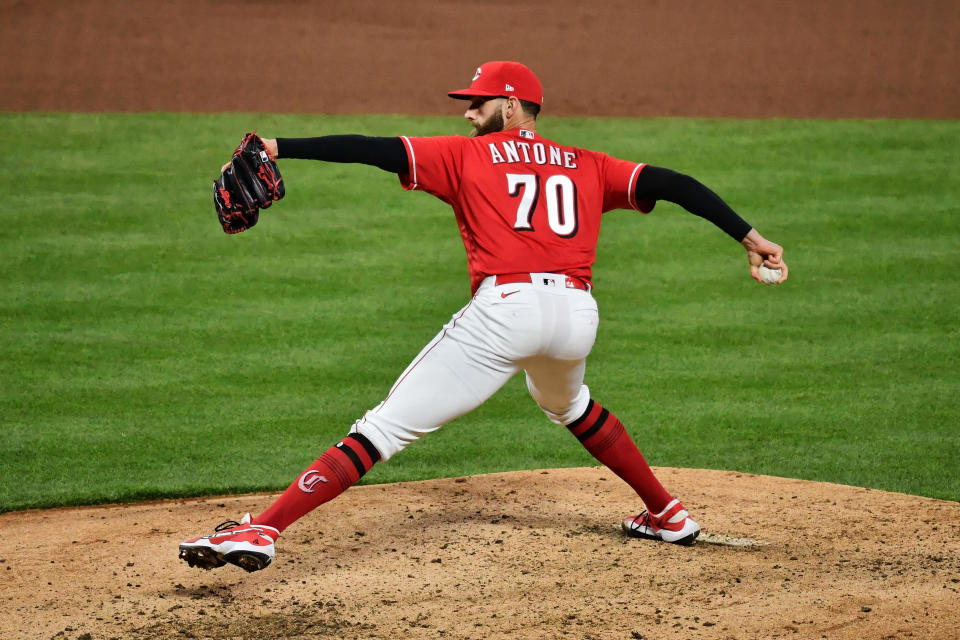 CINCINNATI, OH - APRIL 21:  Tejay Antone #70 of the Cincinnati Reds pitches against the Arizona Diamondbacks at Great American Ball Park on April 21, 2021 in Cincinnati, Ohio.  (Photo by Jamie Sabau/Getty Images)