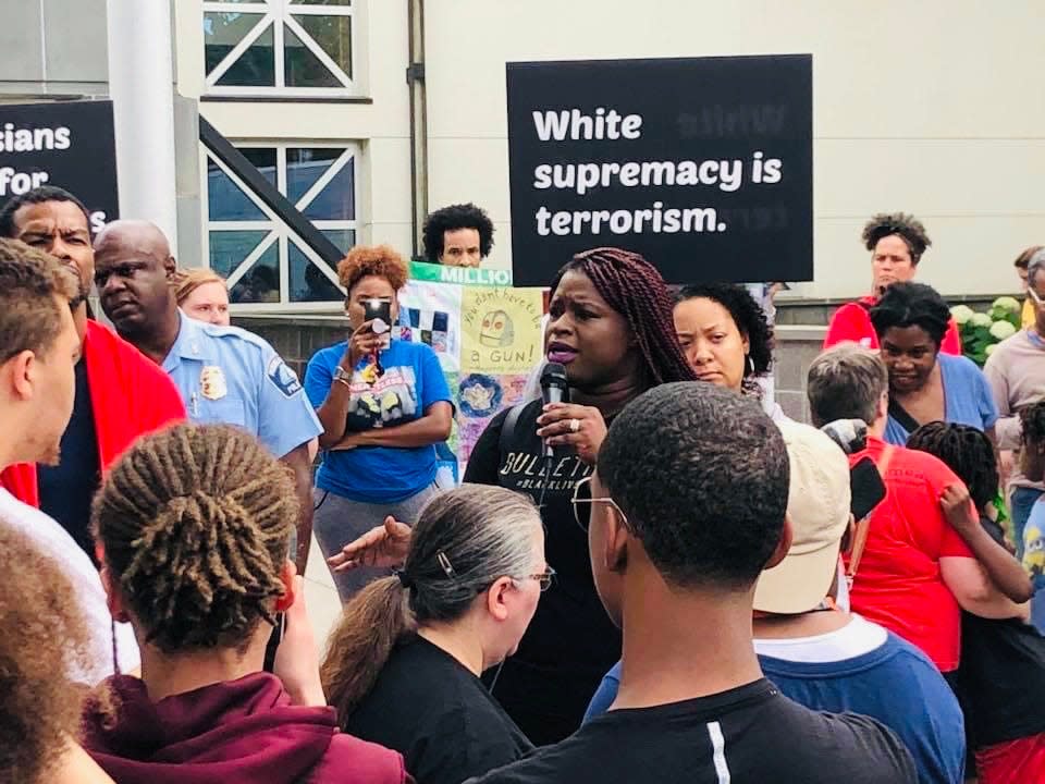 Civil rights attorney and Minneapolis, Minnesota, activist Nekima Levy Armstrong, shown here at a rally, plans to be among a dozen groups protesting Monday as the trial of Derek Chauvin in the murder of George Floyds begins.