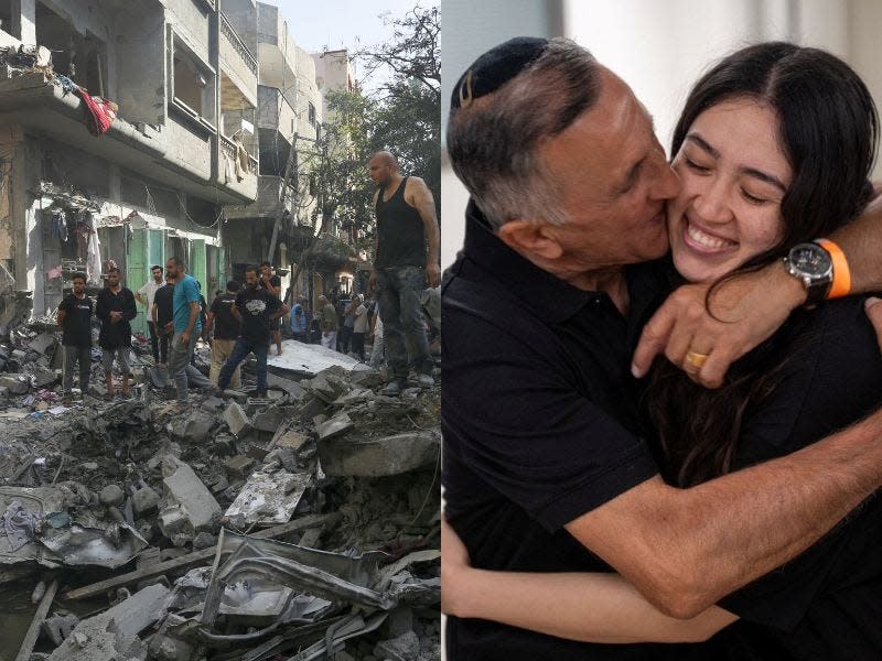 L: Civil defense teams and locals investigate the rubble after Israeli attacks on Nuseirat camp in Deir al Balah, Gaza on June 08, 2024.
R: Noa Argamani embraces her father after Israeli forces rescued four hostages from the central Gaza Strip, in Ramat Gan, Israel, in this handout image obtained by Reuters on June 8, 2024.