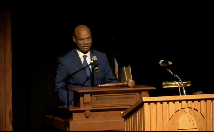 Newly re-elected House Speaker Emanuel "Chris" Welch addresses the crowd of newly-seated lawmakers and their families at the inauguration of the House members of the 103rd General Assembly Wednesday at the University of Illinois-Springfield.