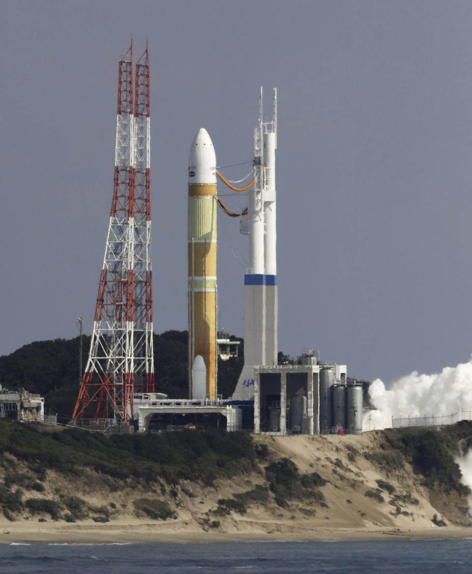 An H3 rocket sits on the launch pad at Tanegashima Space Center in Kagoshima, southern Japan Friday, Feb. 17, 2023. Japan’s space agency aborted a planned launch Friday of the first of its new flagship series H3 rocket. (Kyodo News via AP)