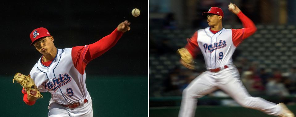 Stockton Ports' Jesus Luzardo delivers a pitch on the Ports' opening day at the Stockton Ballpark on Apr. 5, 2018. (LEFT) A fast shutter speed freezes the action of the pitcher. (RIGHT) A panning technique with a relatively slow shutter speed blurs the extremities of the pitcher but allows his face to remain sharp.