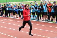 <p>The Duchess trades in her usual formal style for sneakers and workout clothes for a relay race at <a href="https://www.harpersbazaar.com/uk/culture/culture-news/news/g37608/william-kate-harry-charity-marathon-relay-race/" rel="nofollow noopener" target="_blank" data-ylk="slk:London Marathon Training Day;elm:context_link;itc:0;sec:content-canvas" class="link ">London Marathon Training Day</a> at the Queen Elizabeth Olympic Park.</p>