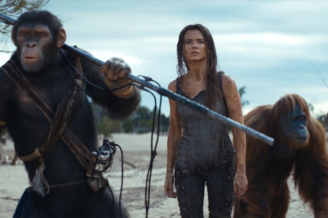 <p>20th Century Studios</p> Noa (played by Owen Teague), Freya Allan, and Raka (played by Peter Macon) in 'Kingdom of the Planet of the Apes'