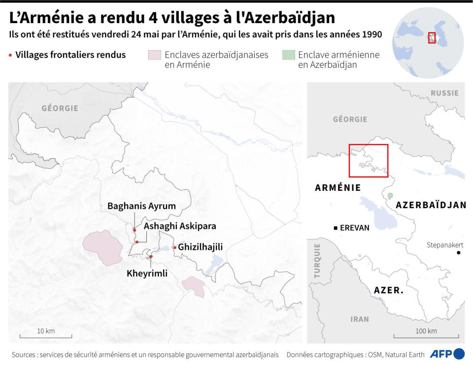 Le gouvernement arménien a accepté en avril de restituer à Bakou quatre villages frontaliers dans le cadre d’une étape clé vers la normalisation des relations. (Carte montrant les quatre villages restitués)