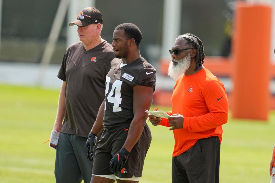 Cleveland Browns running back Nick Chubb watches drills at the team's training camp facility Saturday in White Sulphur Springs, W.Va.