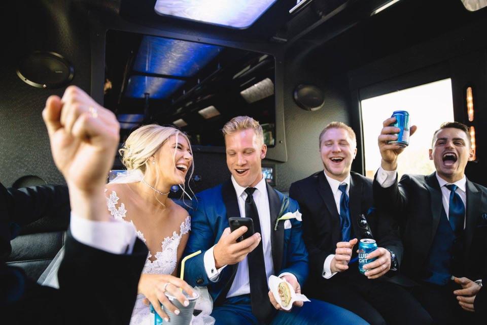 WXYZ-TV sports reporter Jeanna Trotman and her husband Zach celebrate their wedding on July 1, 2017. Zach is speaking with his agent after getting the news that the Pittsburgh Penguins offered him a contract.