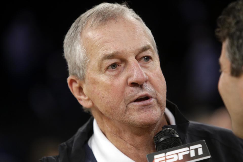 Former Connecticut basketball coach Jim Calhoun responds to questions during a news interview after a regional final between Connecticut and Michigan State in the NCAA college basketball tournament on Sunday, March 30, 2014, in New York. Connecticut won the game 60-54. (AP Photo/Frank Franklin II)