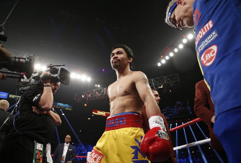 Manny Pacquiao arrives in the ring for his welterweight unification championship bout with Floyd Mayweather on May 2, 2015 at MGM Grand Garden Arena