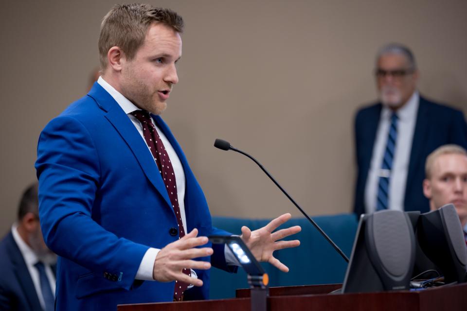 Defense lawyer Ryan Baasch, representing Texas Attorney General Ken Paxton speaks during a motion hearing with Judge Francisco Dominguez in the 205th District Courtroom in El Paso, TX on Thursday, March 7, 2024.