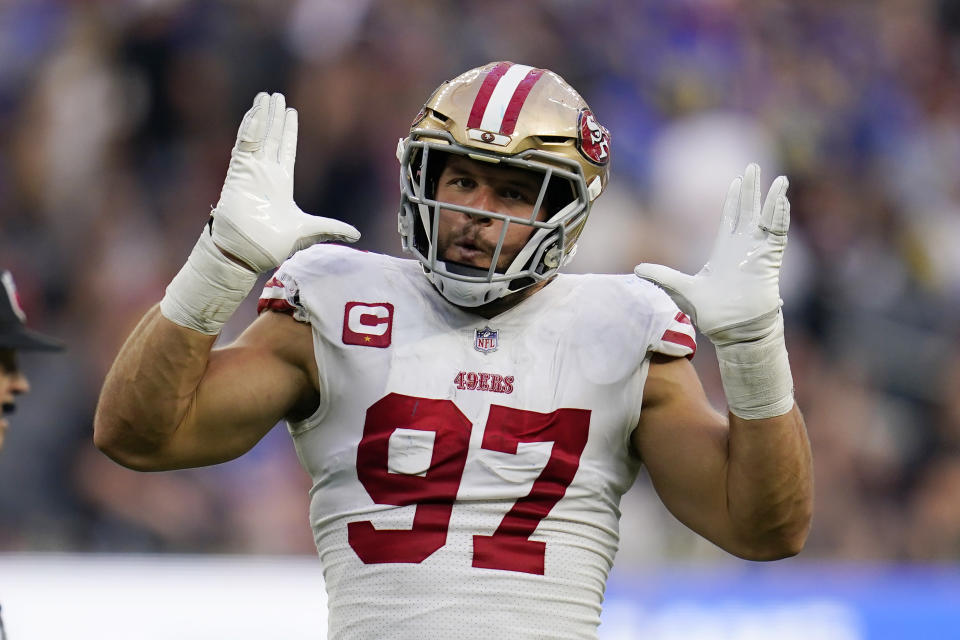 San Francisco 49ers defensive end Nick Bosa celebrates a sack during the second half of an NFL football game against the Los Angeles Rams Sunday, Oct. 30, 2022, in Inglewood, Calif. (AP Photo/Ashley Landis)