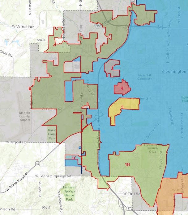 Annexation area 1A, in dark green, is just outside the city's western edge. Area 1B, in light green, is southwest of the city. The current area of Bloomington is in blue. The three western "islands," 3, 4, and 5, in gray, red and yellow, are among five areas that successfully fended off annexation.