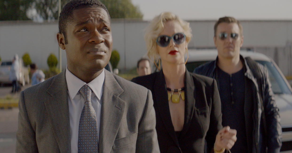 David Oyelowo, Charlize Theron, and Joel Edgerton in <em>Gringo</em>. (Photo: STX)