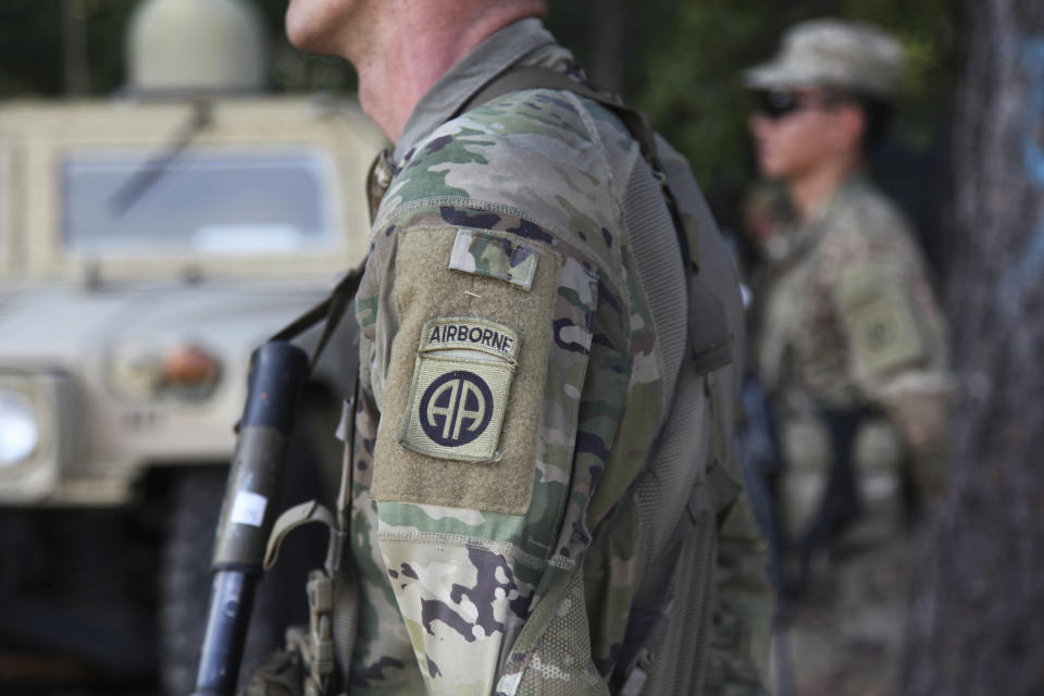 An 82nd Airborne Division paratrooper participates in artillery training during a field exercise in Fort Bragg, N.C., on Wednesday, Aug. 26, 2020. The Division is prioritizing suicide awareness within their ranks after 10 soldiers took their own lives in 2020. The number stands at four the previous year. (AP Photo/Sarah Blake Morgan)