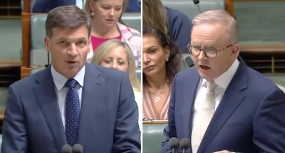 A photo of the Shadow Treasurer Angus Taylor.  A photo of the Prime Minister Anthony Albanese.