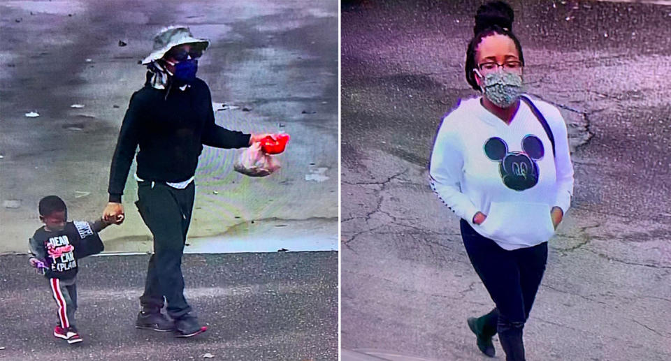 Police released CCTV images of two people who are believed to be associated with the boy. A man holds the child's hand in one image, while a woman in a white Mickey Mouse top walks down the street.