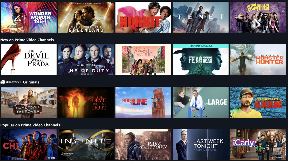 Which add-on channels (HBO, AMC) offer free trials on Prime Video