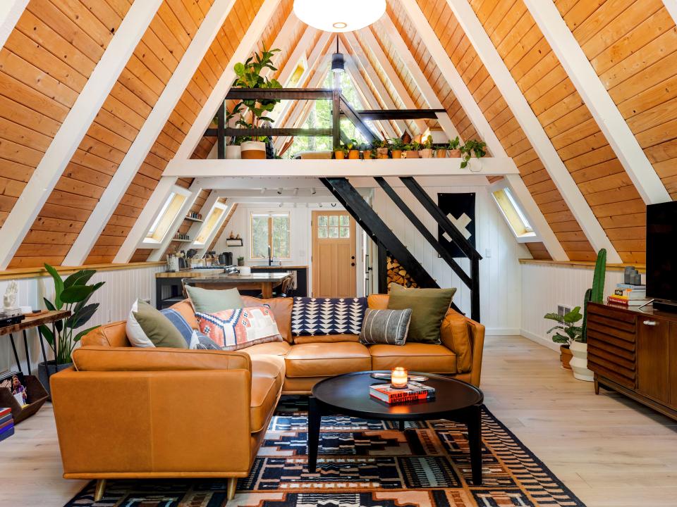 The main living area in the A-frame cabin