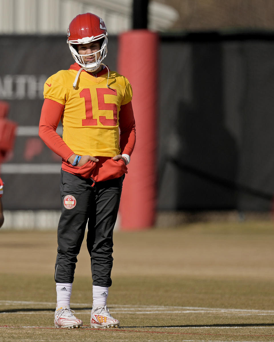 Kansas City Chiefs quarterback Patrick Mahomes waits to start a drill during the team's NFL football practice Friday, Feb. 2, 2024 in Kansas City, Mo. The Chiefs will play the San Francisco 49ers in Super Bowl 58. (AP Photo/Charlie Riedel)