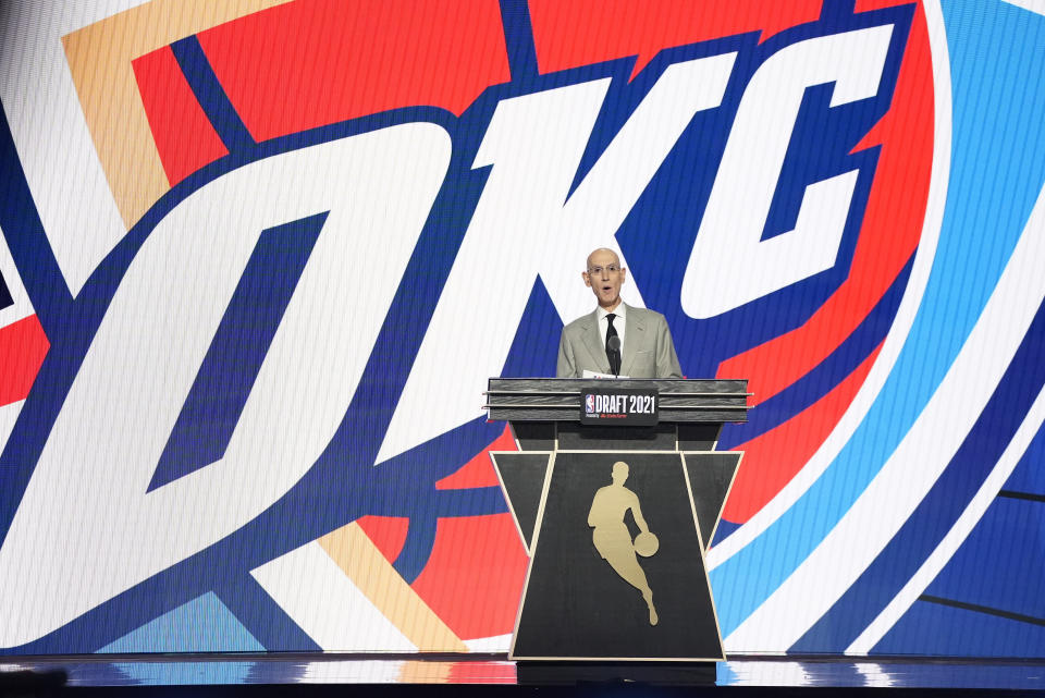 NBA Commissioner Adam Silver announces the sixth selection overall during the NBA basketball draft, Thursday, July 29, 2021, in New York. (AP Photo/Corey Sipkin)