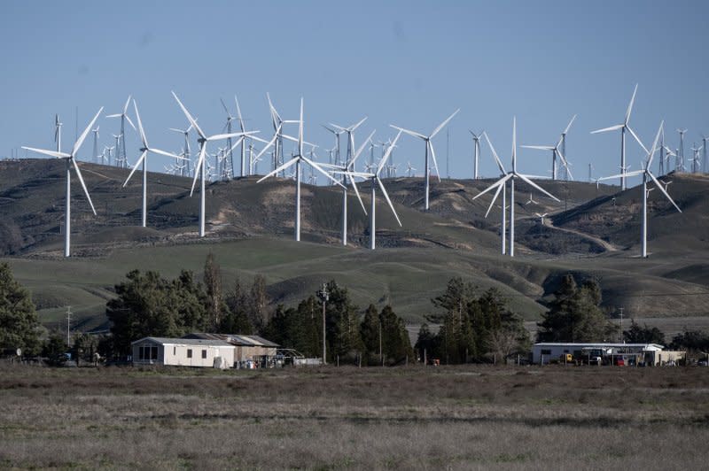 Wind turbines cover the Tehachapi Mountain Range in Tehachapi, Calif. in April. The Tehachapi-Mojave Wind Resource Area consists of more than 5,000 turbines in a wide variety of sizes. File Photo by Terry Schmitt/UPI