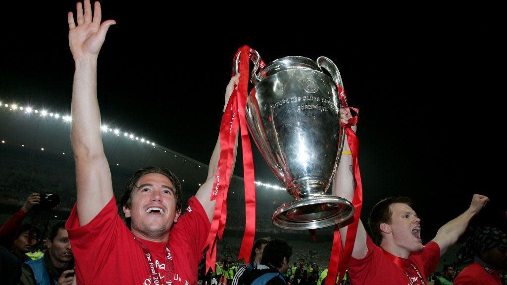 Harry Kewell and John Arne Riise celebrate after Liverpool win the 2005 Champions League