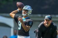 Carolina Panthers quarterback Bryce Young passes at the NFL football team's training camp on Wednesday, July 26, 2023, in Spartanburg, S.C. (AP Photo/Chris Carlson)