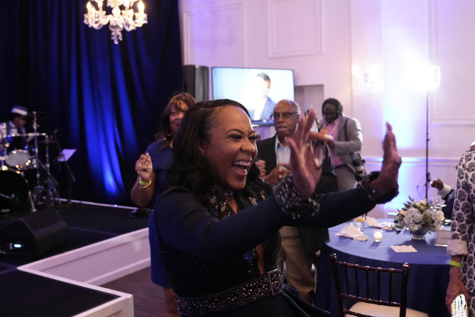 Fulton County District Attorney Fani Willis celebrates with supporters after winning re-election in the primary on Tuesday, May 21, 2024, in Buckhead, Ga. (AP Photo/Brynn Anderson)