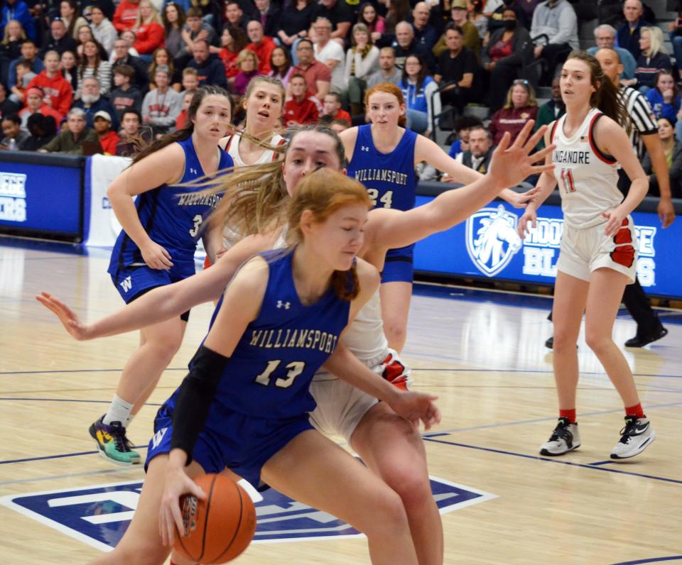 Williamsport's Kam Seltzer prepares to go up for a shot under the basket against Linganore in the CMC championship game.