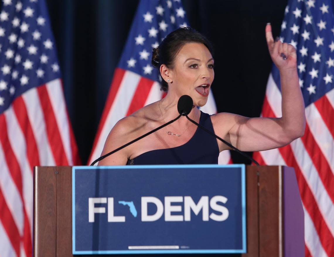 Florida commissioner of agriculture Nikki Fried speaks on stage during the Leadership Blue Gala for the Florida Democratic Party on Saturday, July 16, 2022 in Tampa.