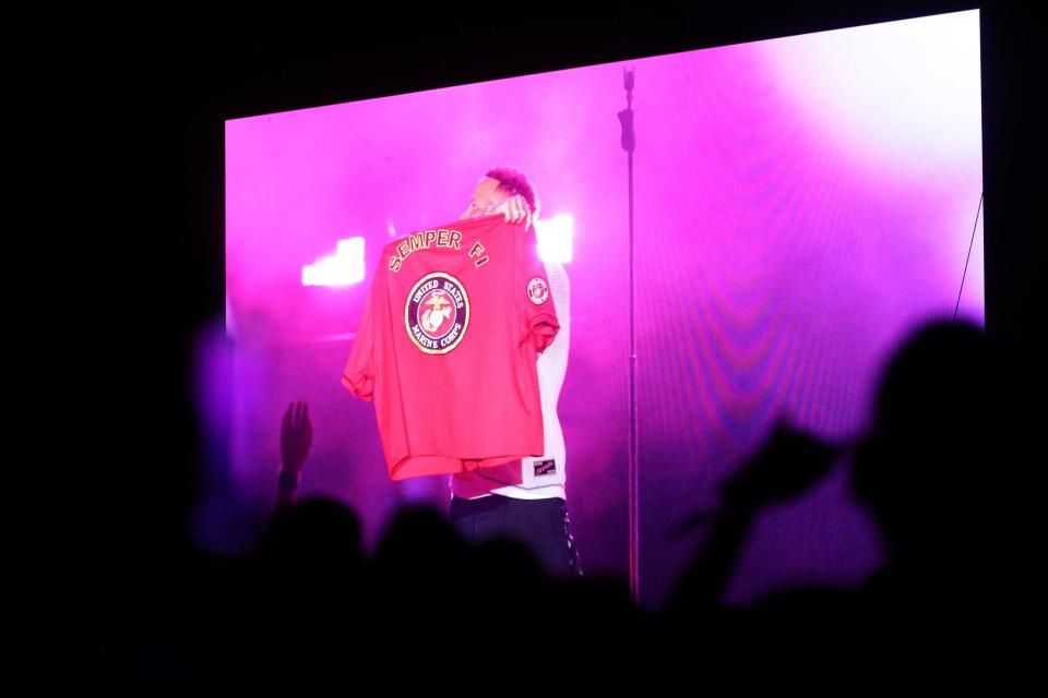 Kane Brown gives a headlining performance on the Mane Stage during Stagecoach country music festival at the Empire Polo Club in Indio, Calif., Saturday, April 29, 2023.