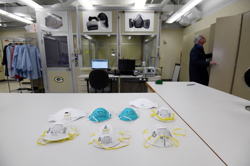 FILE PHOTO: Various N95 masks at a laboratory of 3M, that has been contracted by the U.S. government to produce extra masks in response to the country's novel coronavirus outbreak, in Maplewood, Minnesota