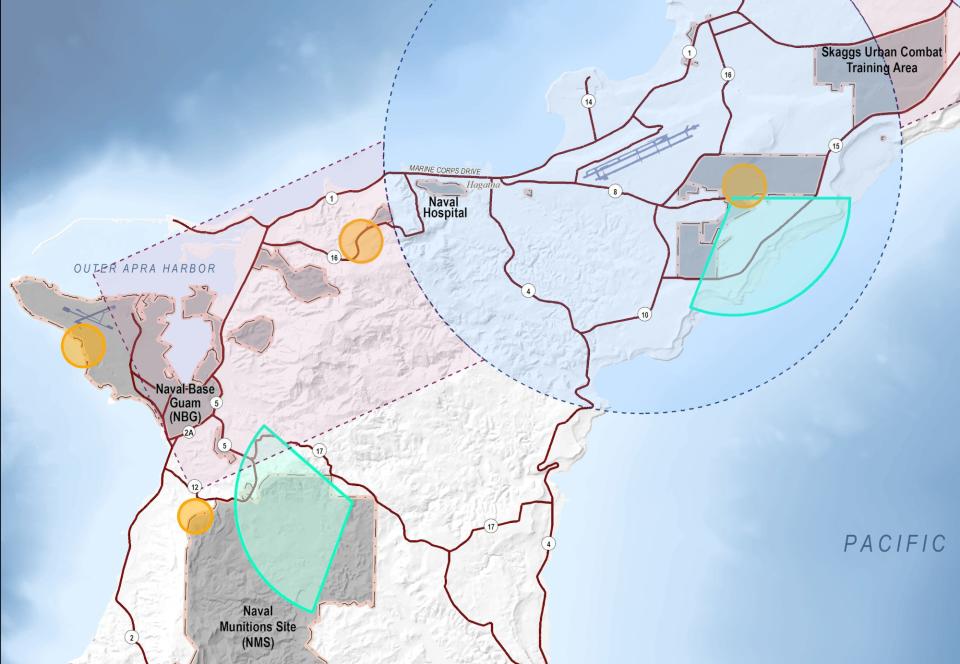 A portion of the radar/airspace map showing radar arcs, in teal, emanating from the Barrigada site, at right, and the Naval Munitions Site (NMS) complex, at left. A number of smaller radar arcs are also shown in yellow. <em>MDA</em>